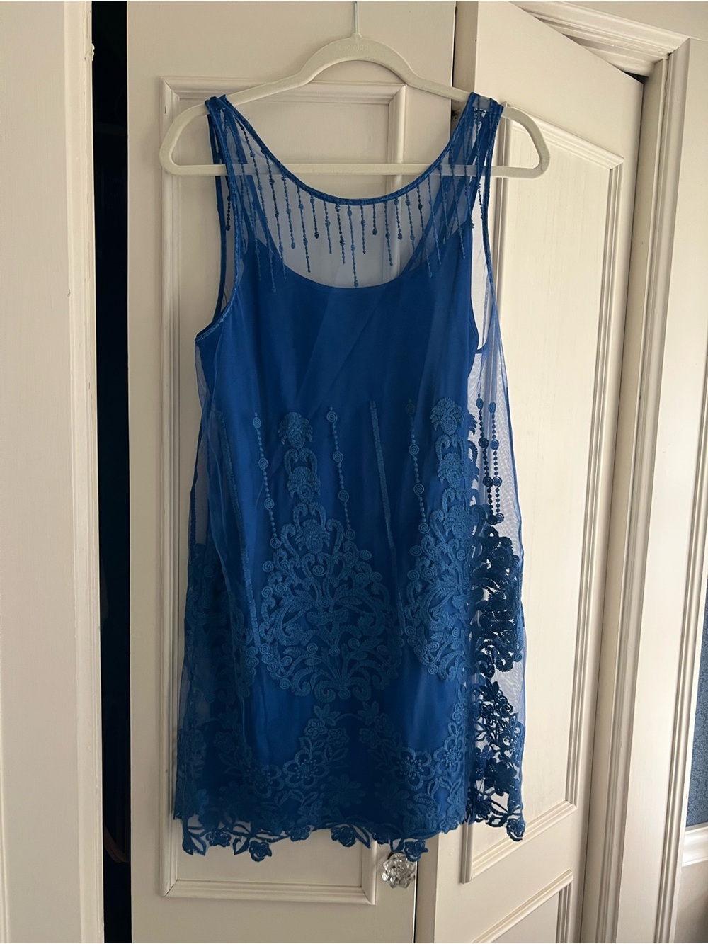 Free People Blue Embroidered Mesh Overlay Tank Dress